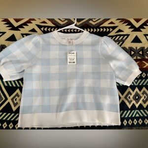 Blue and white short sleeve sweater
